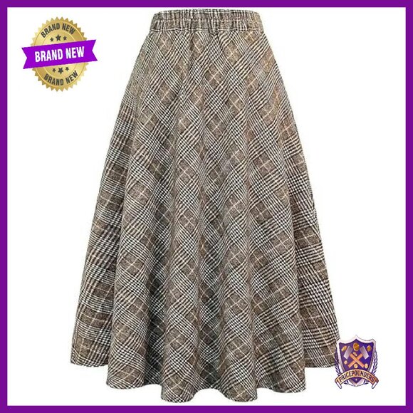 Women's Long Plaid Wool Skirt High Waist A-Line Pleated Fall Winter - Picture 3 of 7